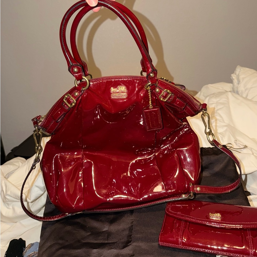 Coach Red Patent Leather Madison Lindsey Bag with matching trifold wallet